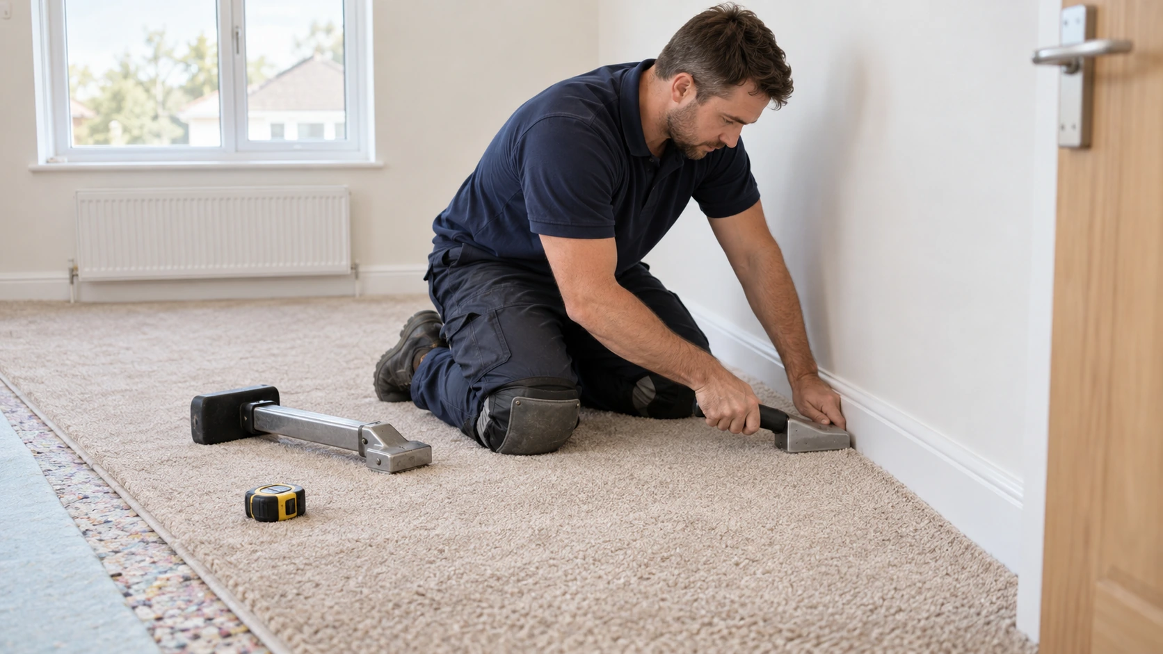 Carpet fitter tucking new carpet at a skirting board with a bolster; knee kicker nearby.