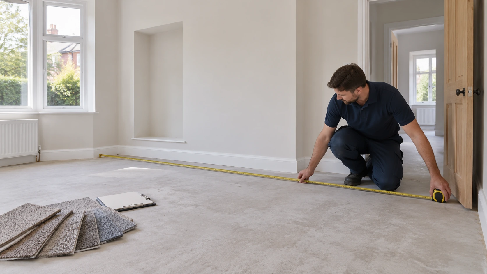 Carpet surveyor measuring an empty room with extended tape and carpet swatches nearby.