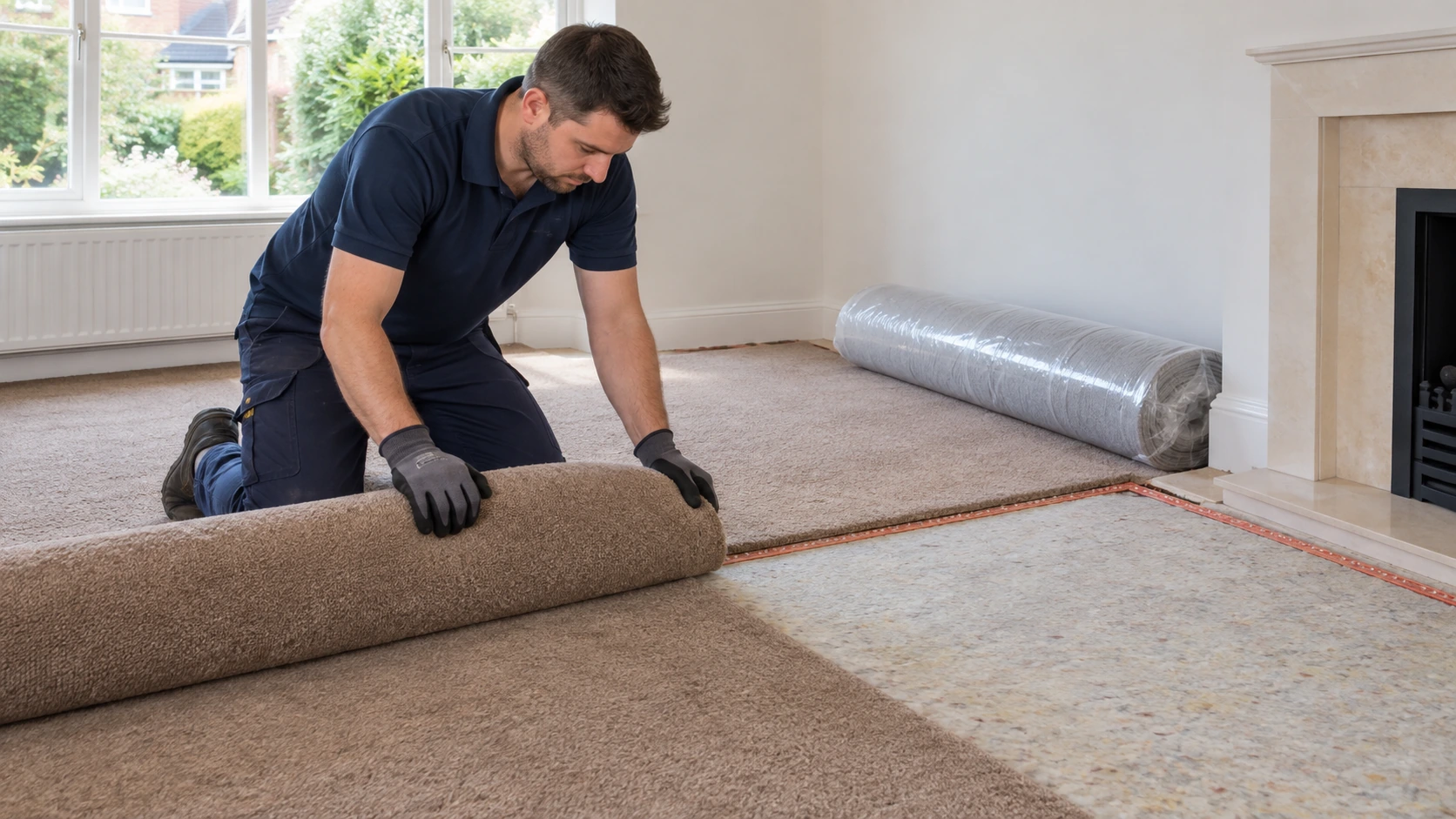 Gloved fitter rolling up an old carpet with a new wrapped carpet roll waiting.