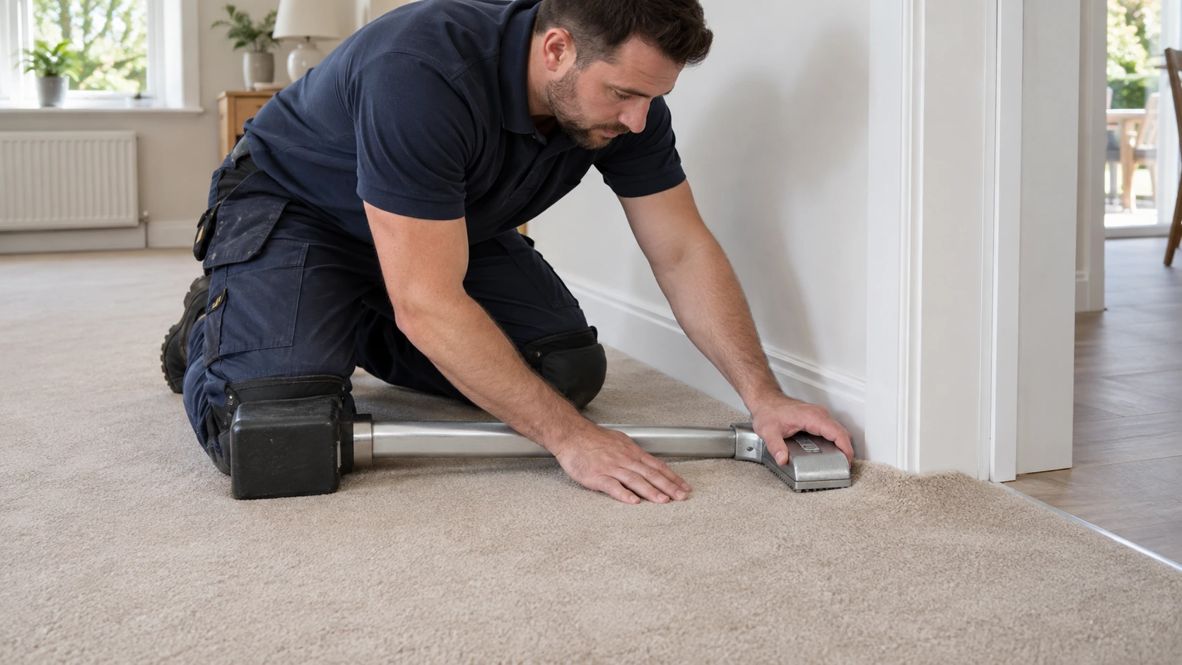 Fitter using a compact knee kicker to retension carpet near a doorway.