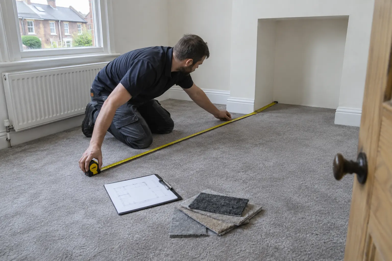 Carpet measuring — Carpet fitter measuring an empty room's floor and alcove using a long tape measure stretched across the floor, kneeling with a small room sketch on clipboard beside carpet swatch samples, no readable writing.