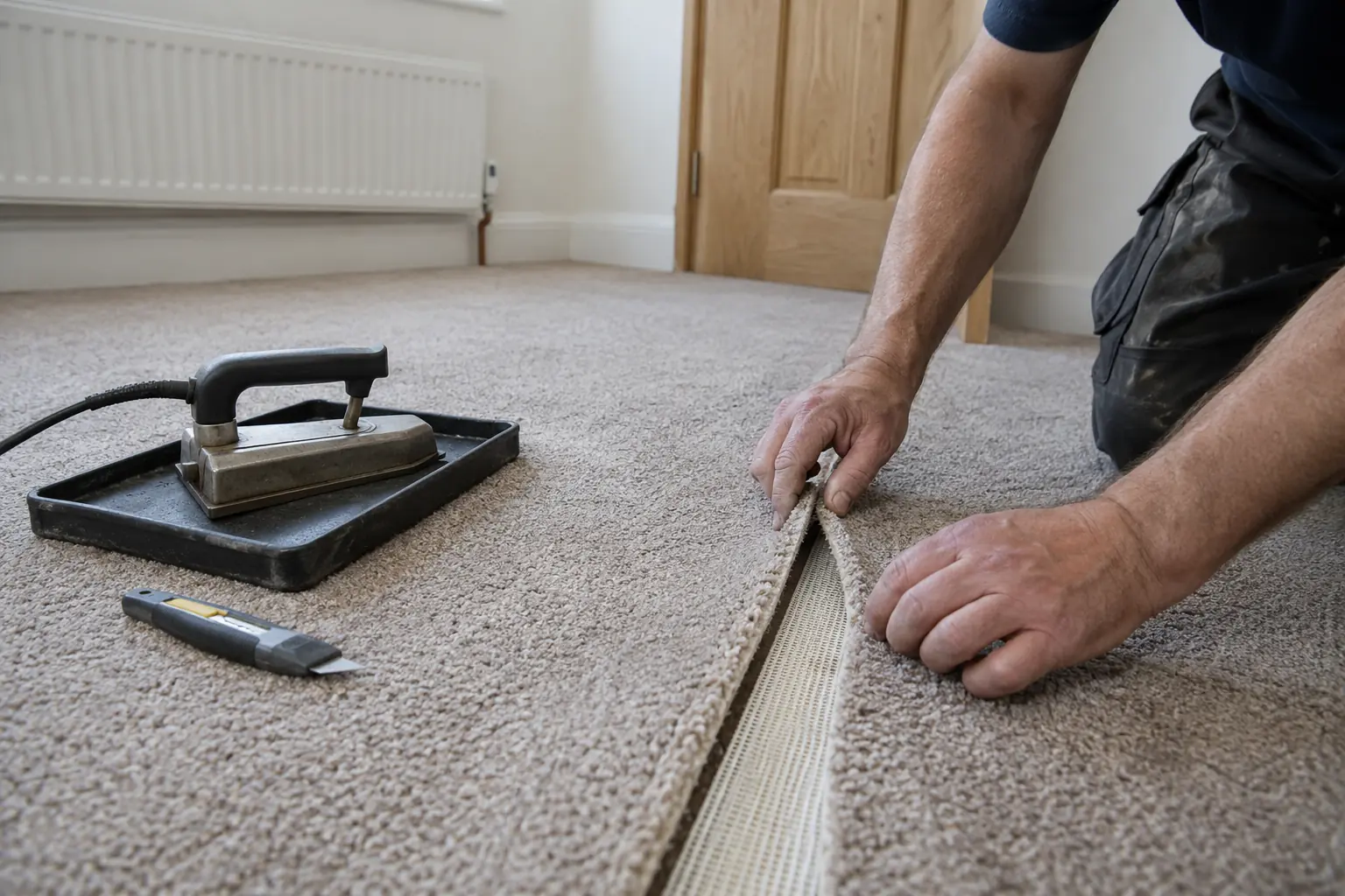 Carpet seam repairs — Carpet fitter repairing an open seam between two pieces of fitted carpet using a carpet seaming iron over seam tape, parted carpet edges and precise joint clearly visible, tool resting safely on heat-resistant tray nearby between passes.