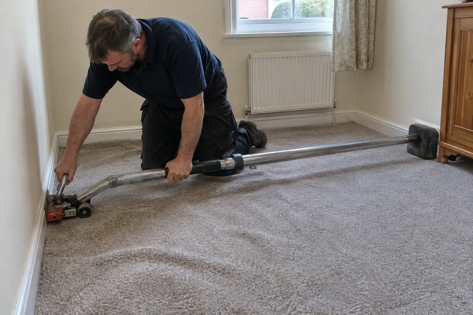 Carpet stretching — Carpet fitter retensioning visibly slightly rippled fitted carpet using a recognizable power stretcher with long telescopic pole and padded bracing block at opposite wall, lever head near skirting, hands operate tool correctly.