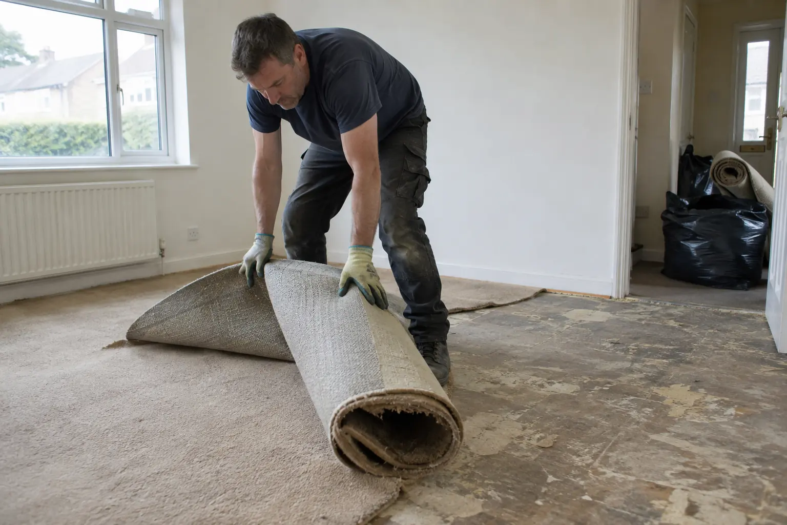 Carpet uplift and disposal — Flooring worker lifting and rolling up old carpet in an empty room for removal, large rolled carpet section with backing visible and exposed subfloor behind, gloves, bundled waste ready near doorway.