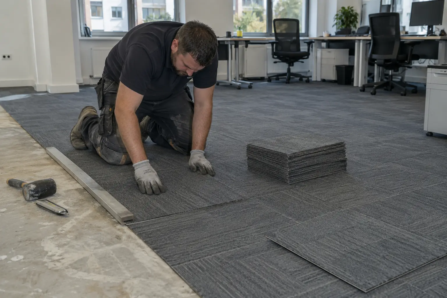 Office carpet installation — Flooring professional fitting square modular carpet tiles in a modern commercial office, visible regular tile grid with unfinished row and stack of spare square tiles, gloved hands align one tile beside straight edge, desks moved aside.