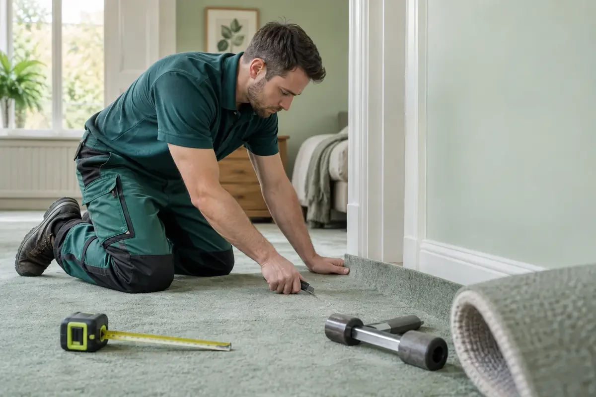 Carpet fitter trimming carpet at a doorway