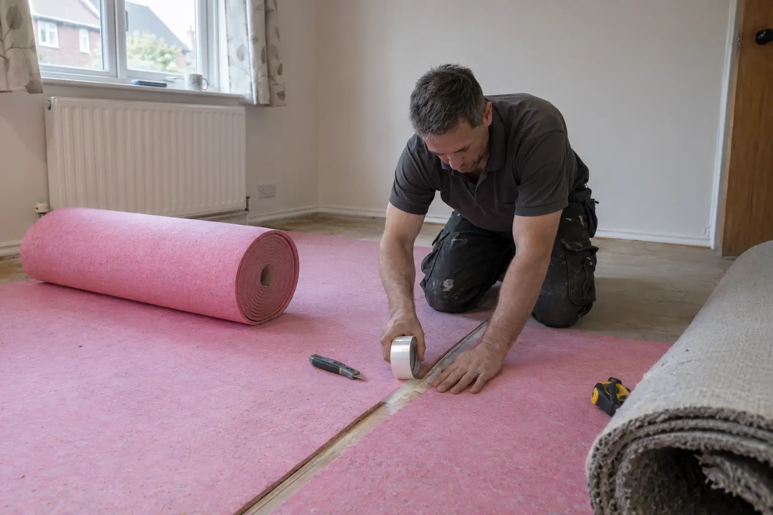 Underlay fitting — Carpet fitter laying and taping seams between strips of new carpet underlay on a bare subfloor, pink foam underlay roll and taped joint clearly visible, carpet rolled back nearby, kneeling with seam tape.